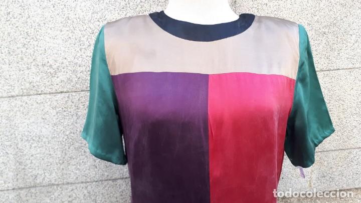 Vintage: VESTIDO CORTO DE SEDA ESTAMPADO CUADRANGULAR DE LOS A&Ntilde;OS 80 - Foto 2
