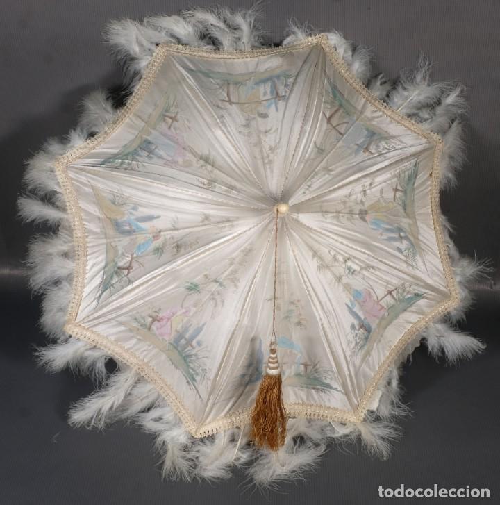Vintage: Parasol en seda pintada con plumas - Foto 1