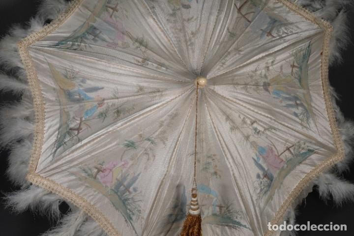 Vintage: Parasol en seda pintada con plumas - Foto 2