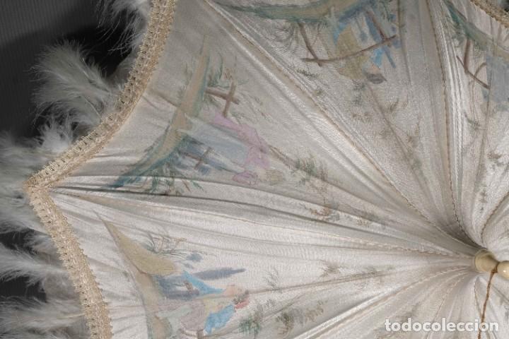Vintage: Parasol en seda pintada con plumas - Foto 4
