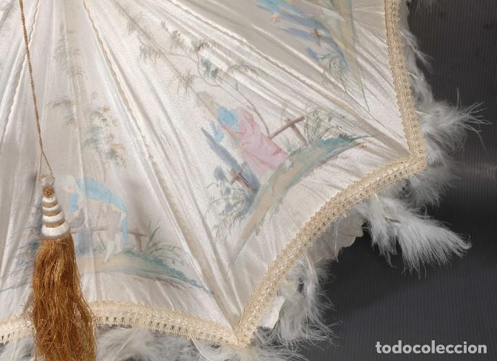 Vintage: Parasol en seda pintada con plumas - Foto 6