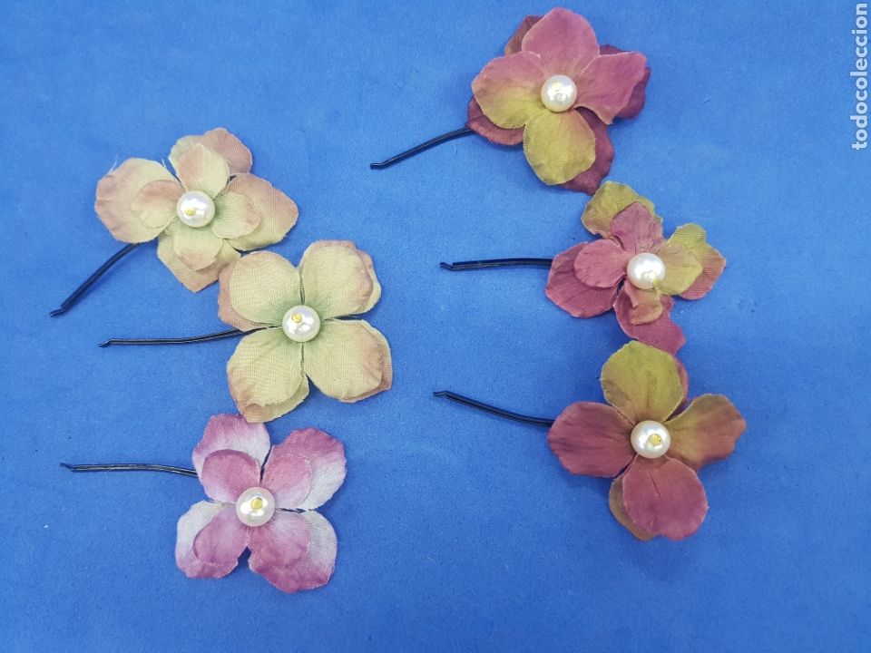 Vintage: Lote 6 ganchos de flor de tela con perla - Foto 1
