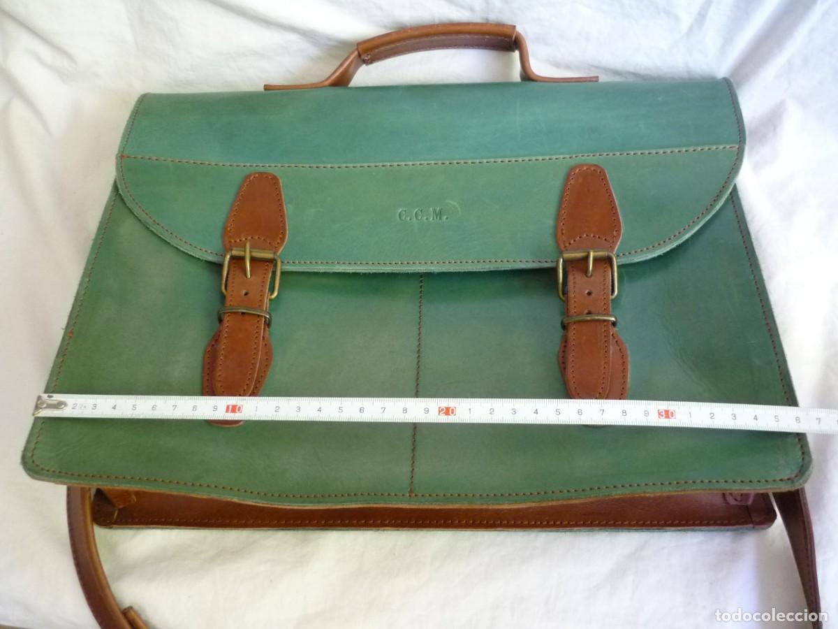 Vintage: Cartera de cuero verde y marr&oacute;n interior azul - Foto 10