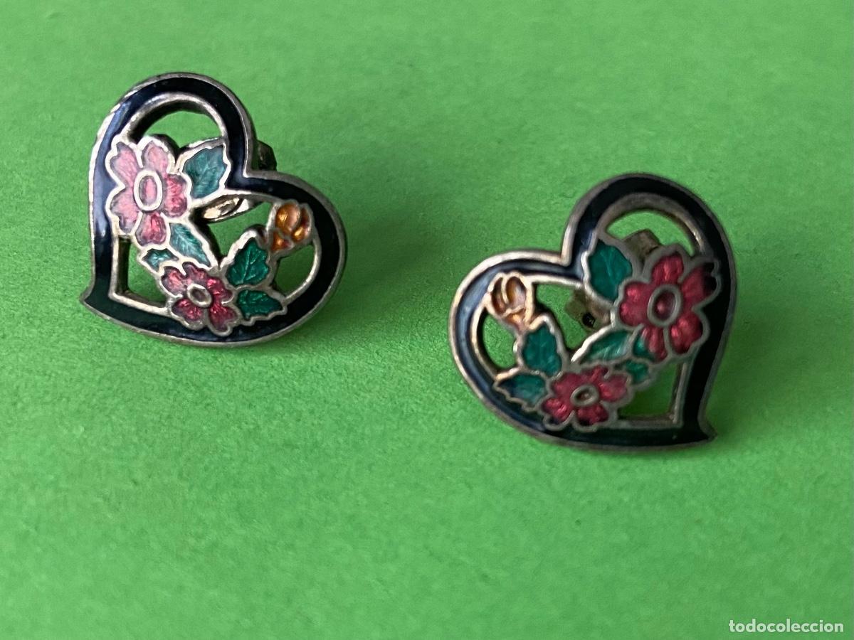 Vintage: 170-Pendientes vintage cloisonne corazones. - Foto 2