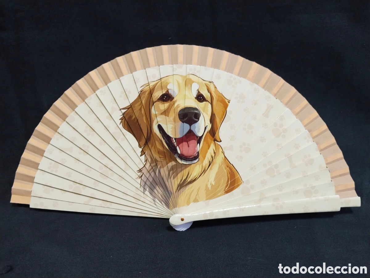 Vintage: Abanico de madera - perro feliz en amarillo - Foto 1