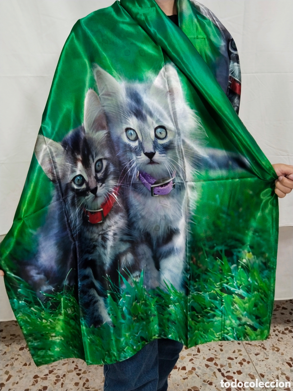 Vintage: Chal de seda - gatitos en verde - Foto 2