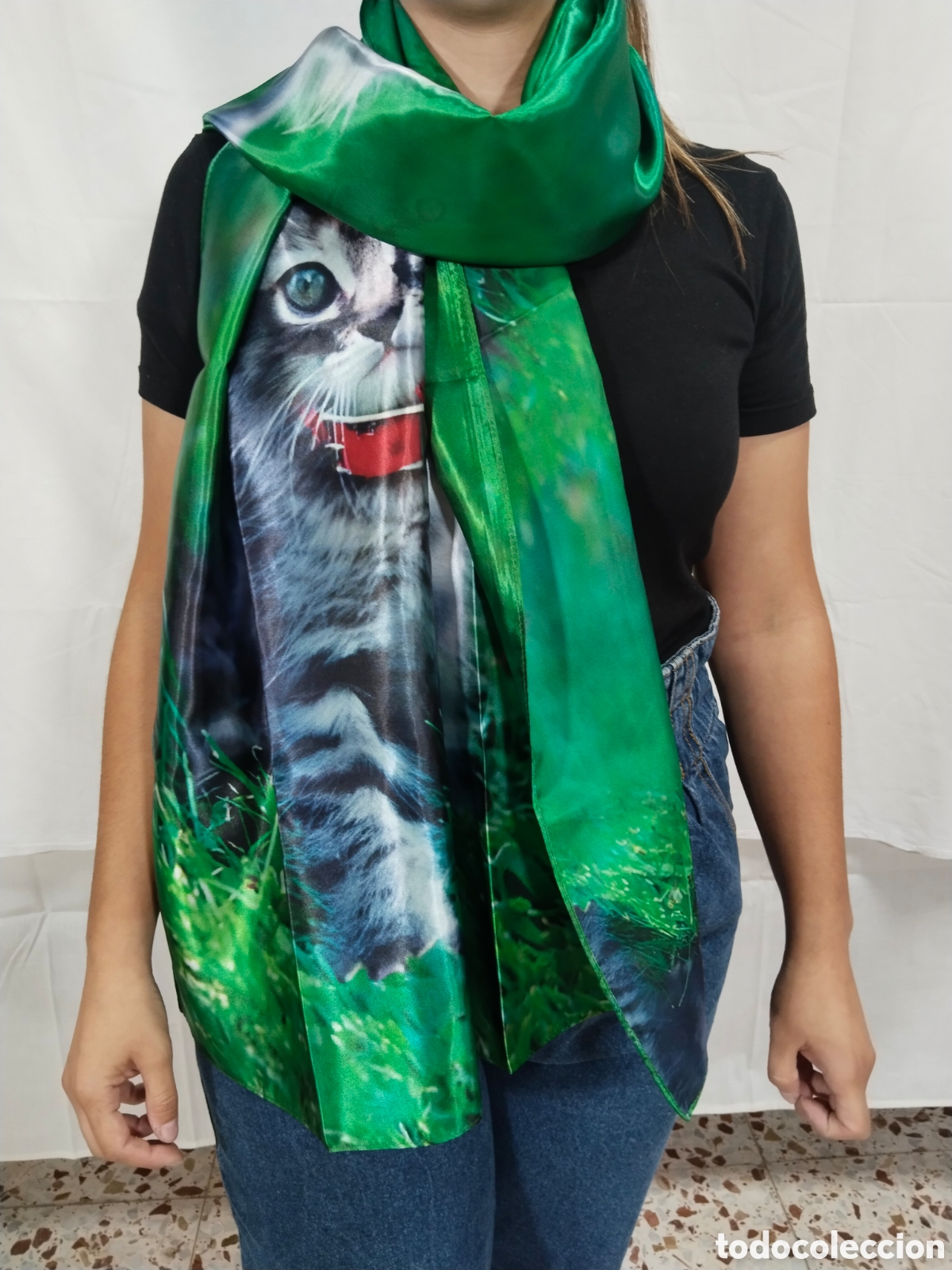 Vintage: Chal de seda - gatitos en verde - Foto 3