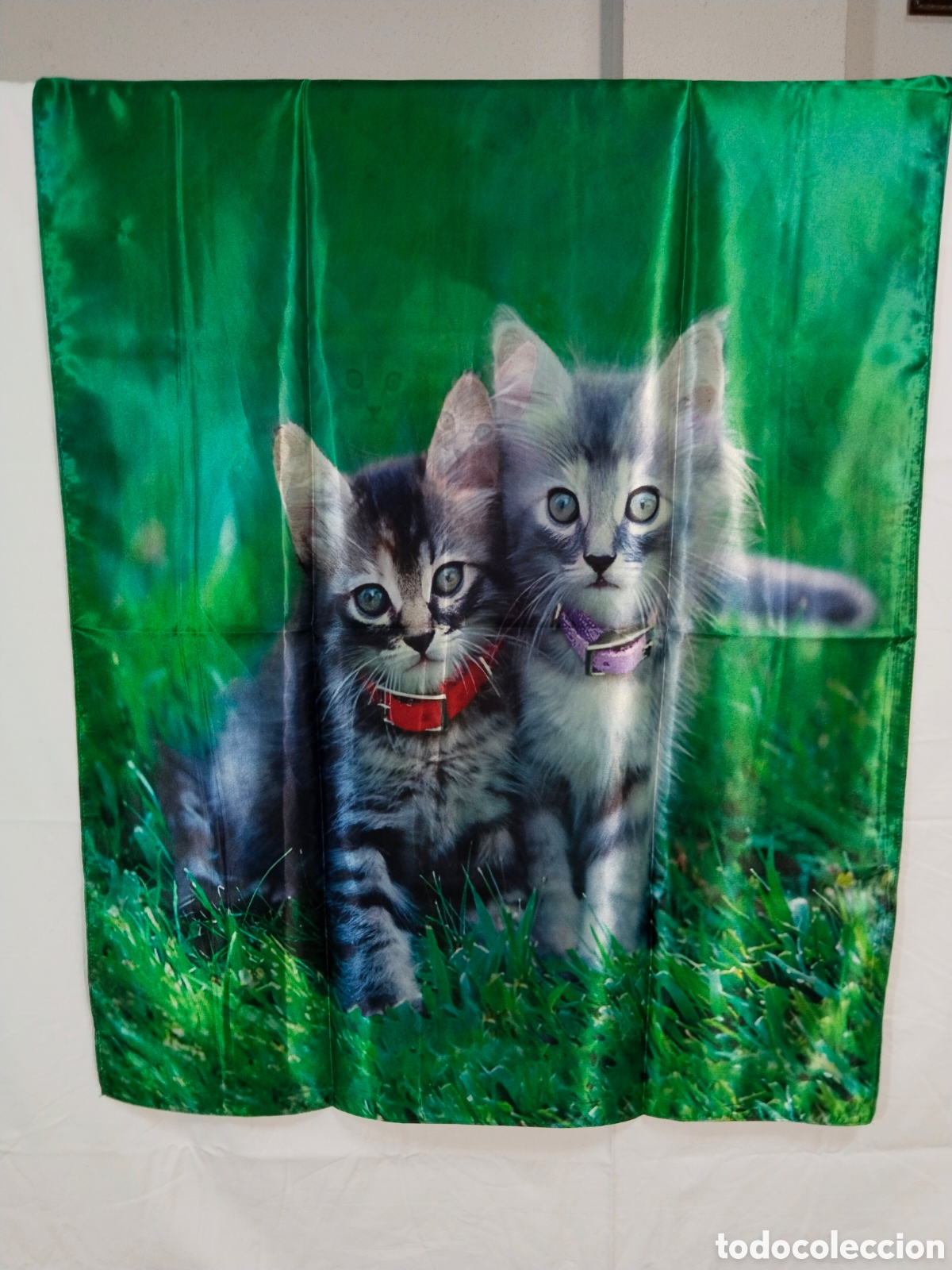 Vintage: Chal de seda - gatitos en verde - Foto 1