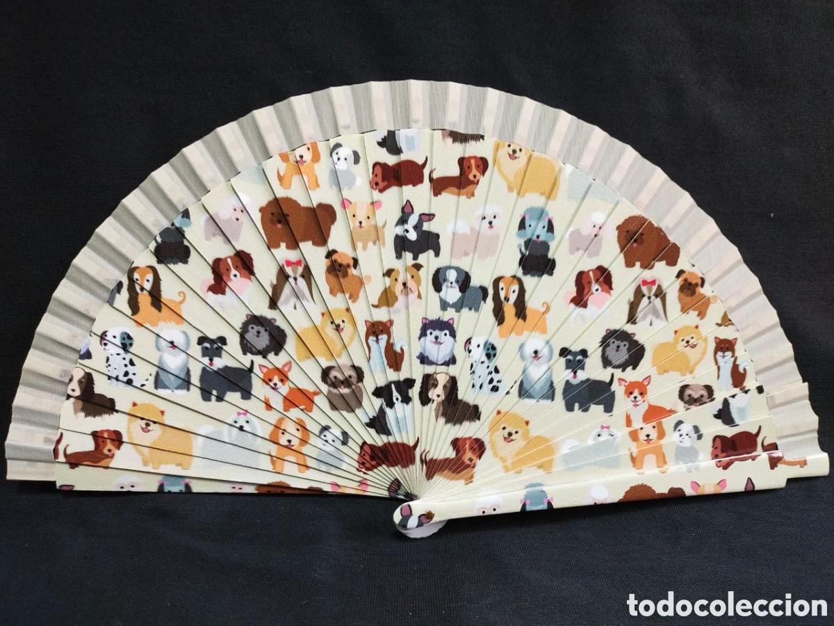 Vintage: Abanico de madera - mosaico de perritos - Foto 1
