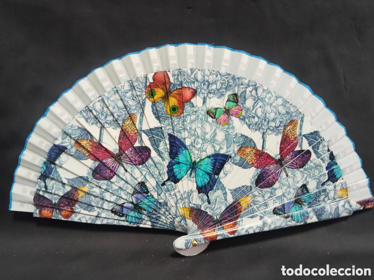 Vintage: Abanico de madera para bolso - mariposas en blanco - Foto 1