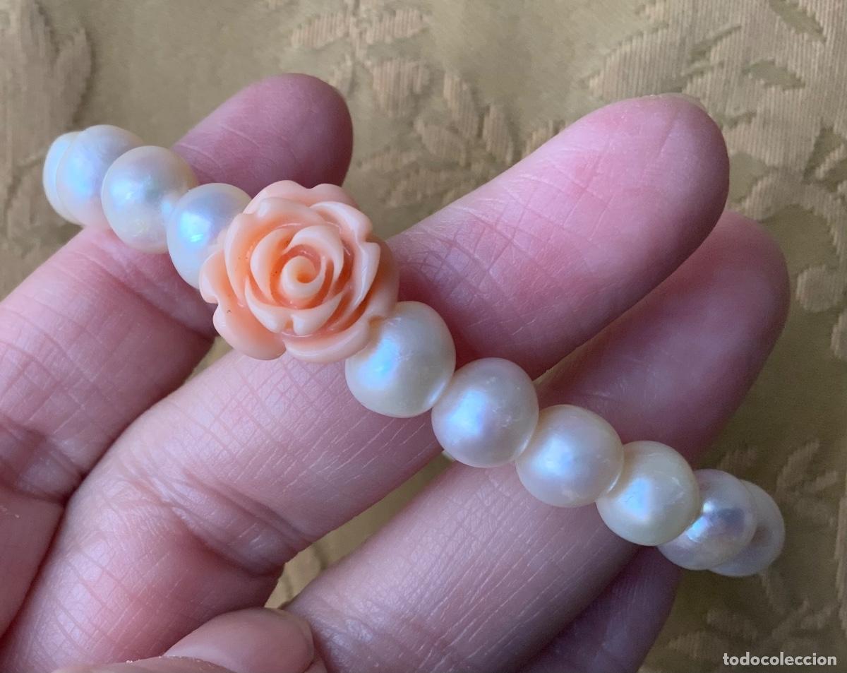 Vintage: PULSERA PERLAS NATURALES CON FLOR DE PASTA ROSA - Foto 1