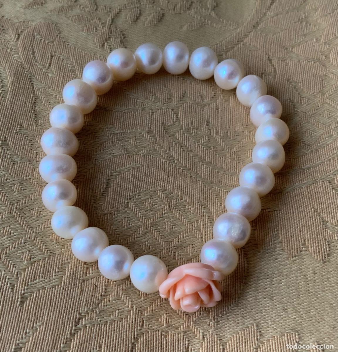 Vintage: PULSERA PERLAS NATURALES CON FLOR DE PASTA ROSA - Foto 2