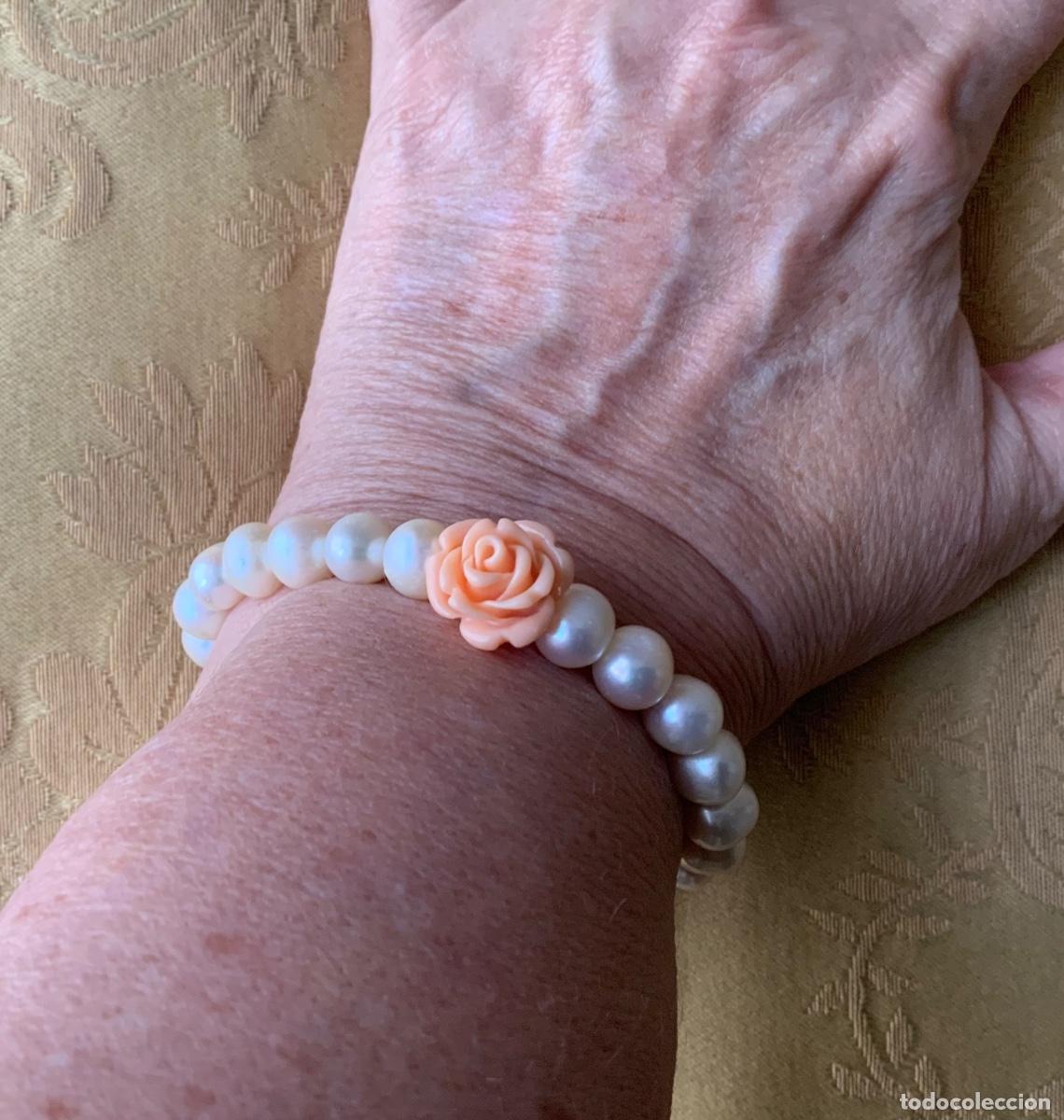 Vintage: PULSERA PERLAS NATURALES CON FLOR DE PASTA ROSA - Foto 3