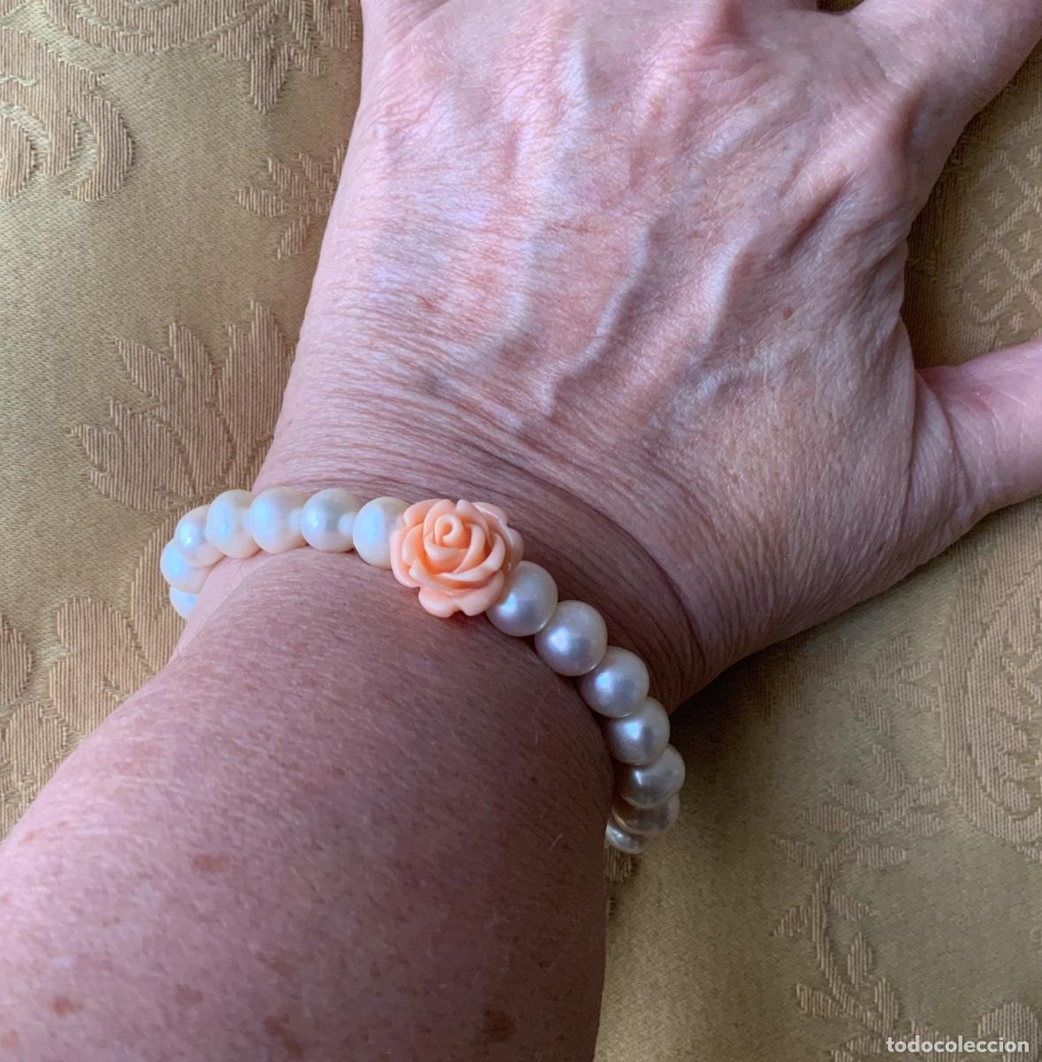 Vintage: PULSERA PERLAS NATURALES CON FLOR DE PASTA ROSA - Foto 8