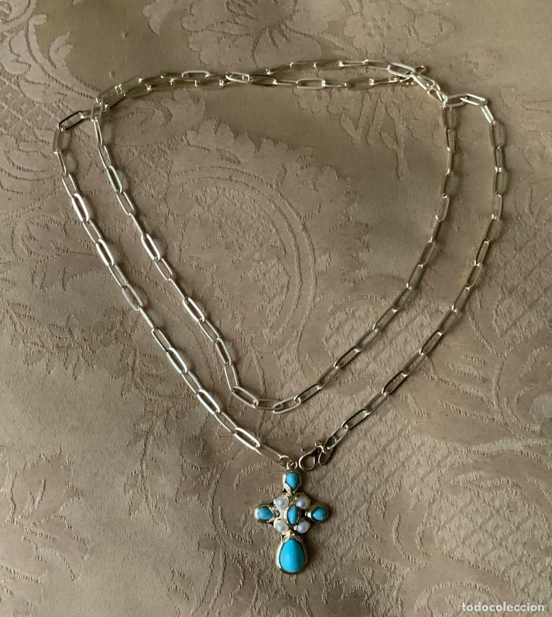 Vintage: CADENA LARGA DORADA CON CRUZ TURQUESA Y PERLAS - Foto 4