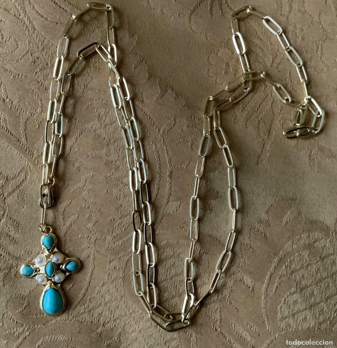 Vintage: CADENA LARGA DORADA CON CRUZ TURQUESA Y PERLAS - Foto 5