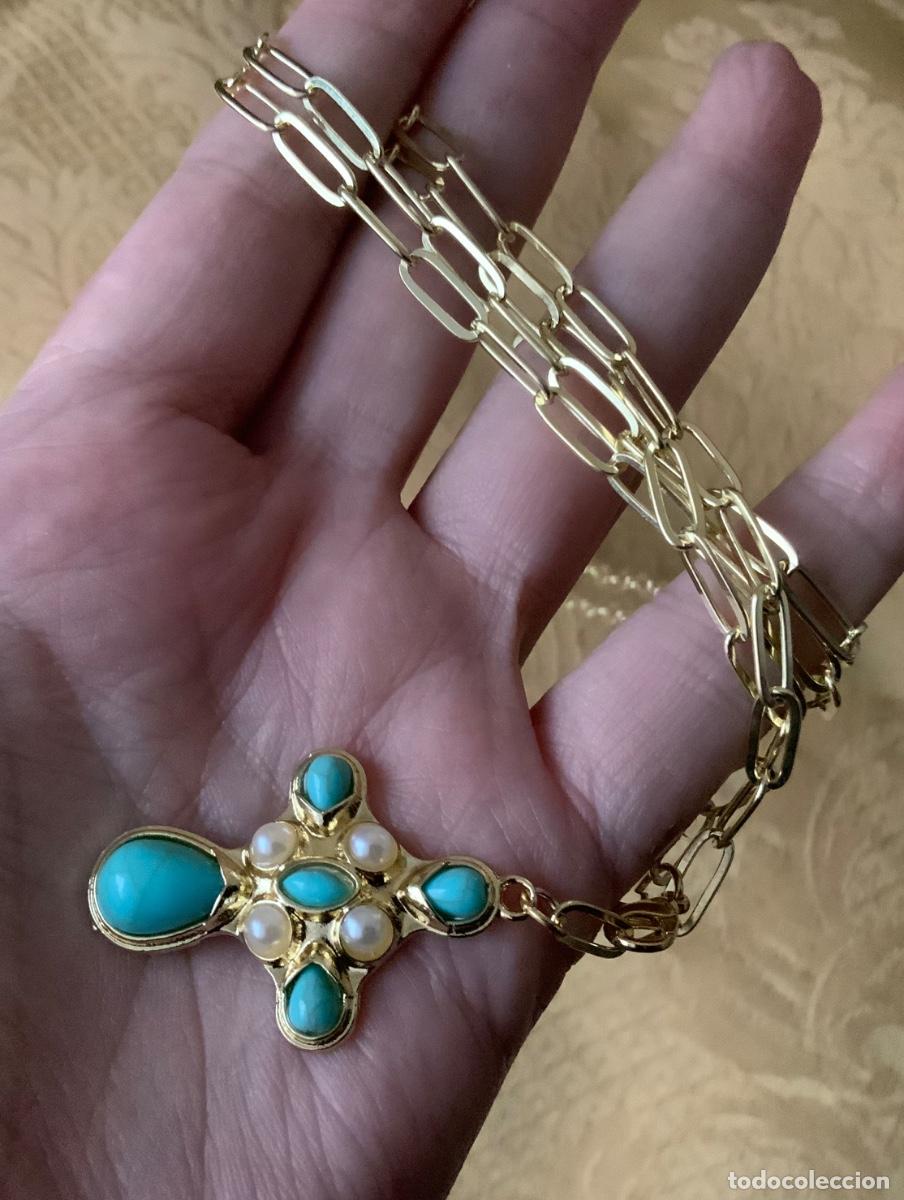 Vintage: CADENA LARGA DORADA CON CRUZ TURQUESA Y PERLAS - Foto 7