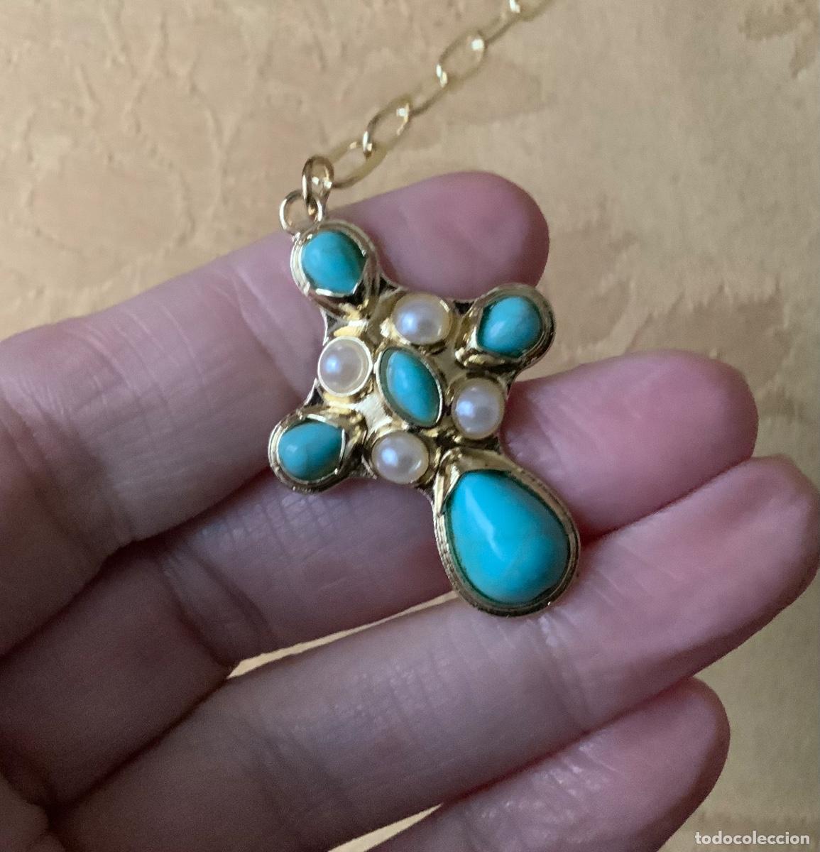 Vintage: CADENA LARGA DORADA CON CRUZ TURQUESA Y PERLAS - Foto 9