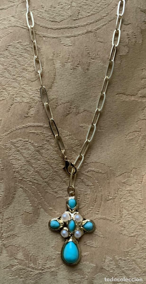 Vintage: CADENA LARGA DORADA CON CRUZ TURQUESA Y PERLAS - Foto 11