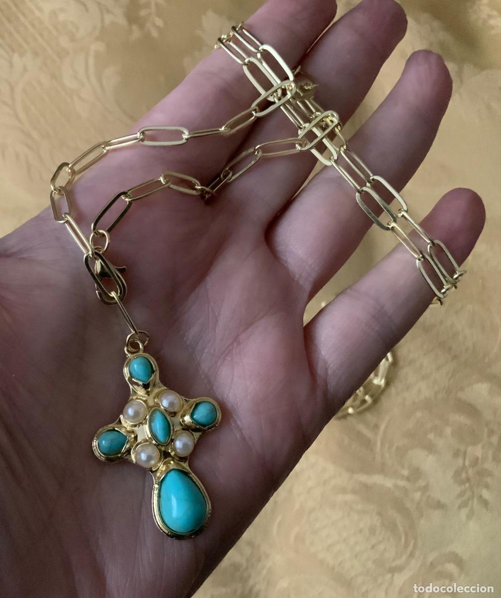 Vintage: CADENA LARGA DORADA CON CRUZ TURQUESA Y PERLAS - Foto 12