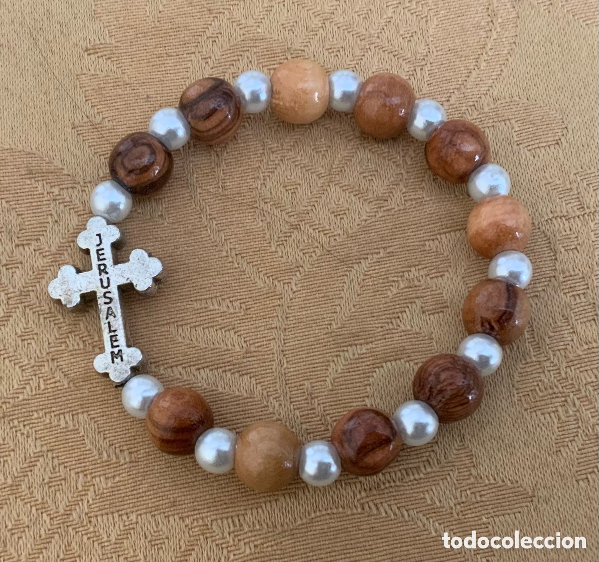 Vintage: PULSERA JERUSALEM DE OLIVO Y PERLAS - Foto 1