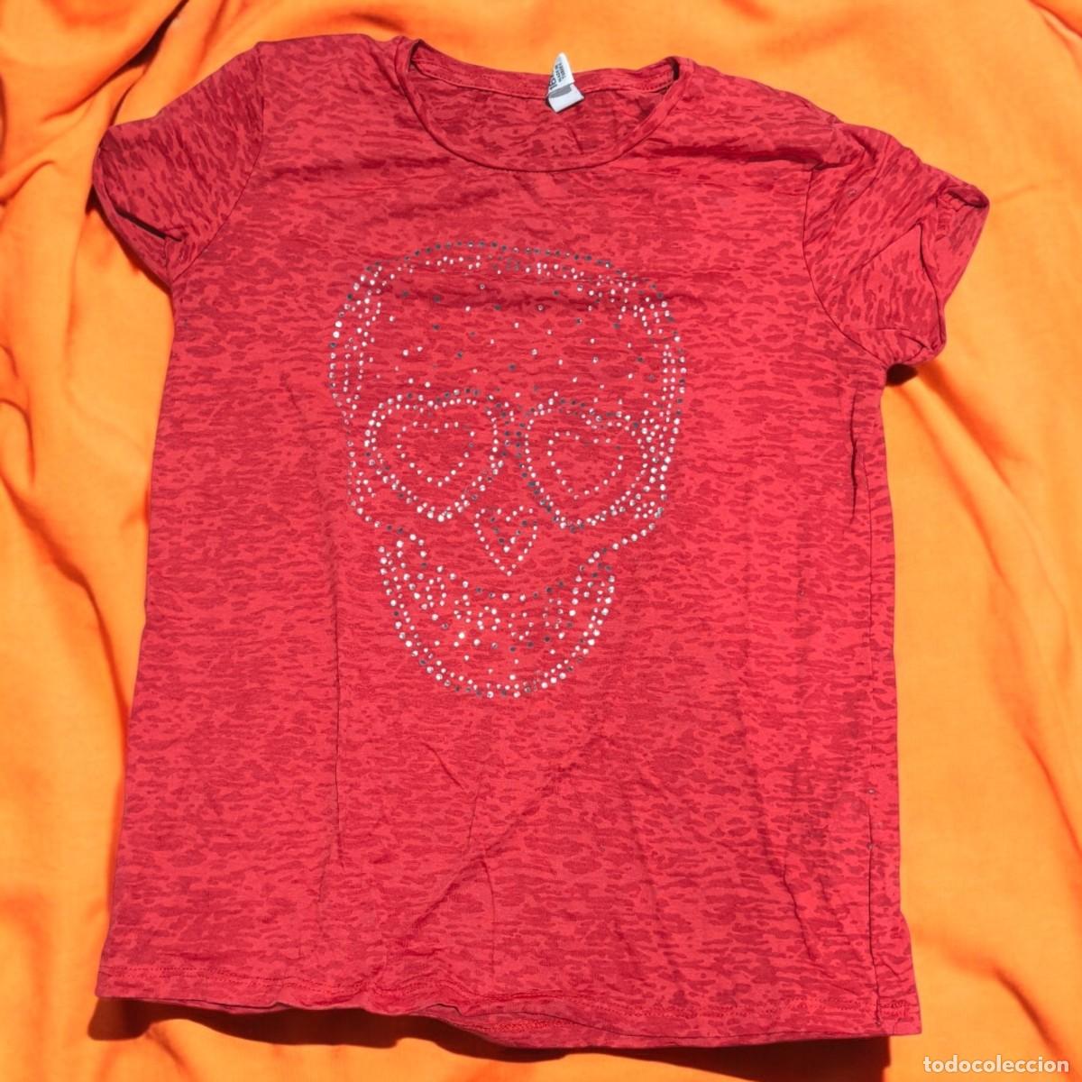 Vintage: Camiseta De Chica Roja Con Calavera De Strass &ndash; Talla 13-14 A&ntilde;os 164 Cm