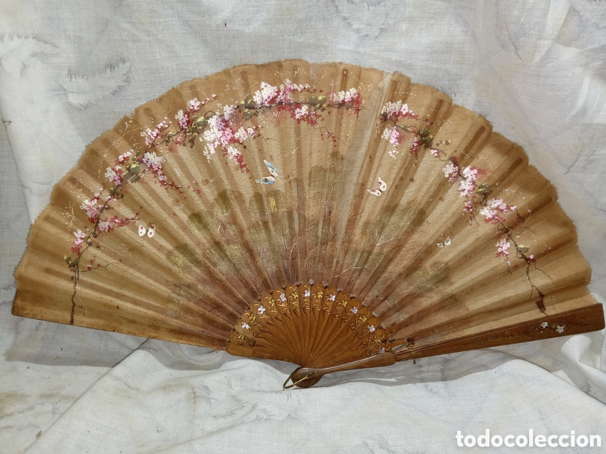 Vintage: PRECIOSO ABANICO EN MADERA CON PA&Iacute;S PINTADO A MANO CON SEDA SUPERPUESTA