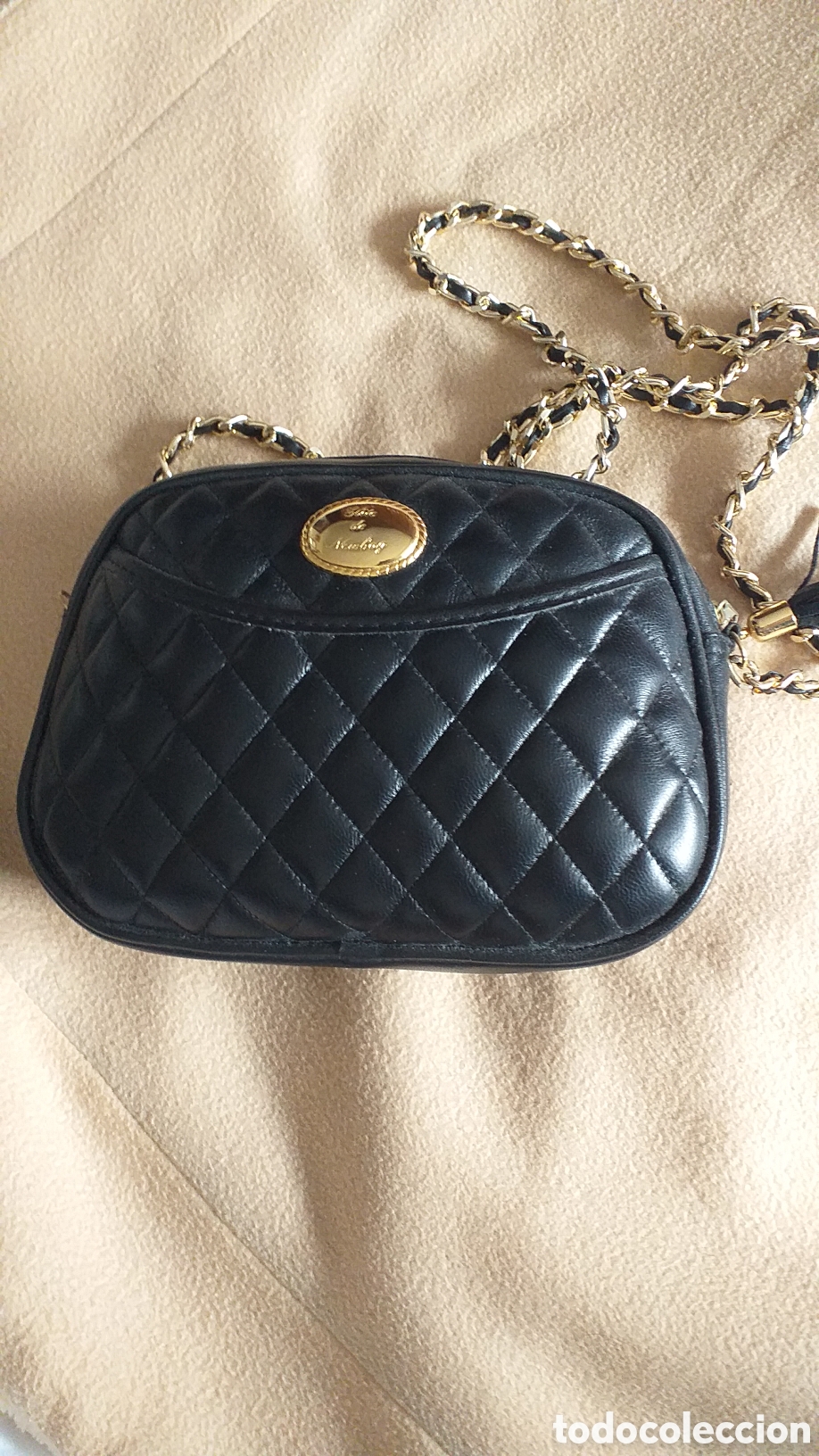 Vintage: Elegante bolso de piel a&ntilde;os 80, negro acolchado, marca # ELITE DE NEWBAG # cadena dorada, como nuevo