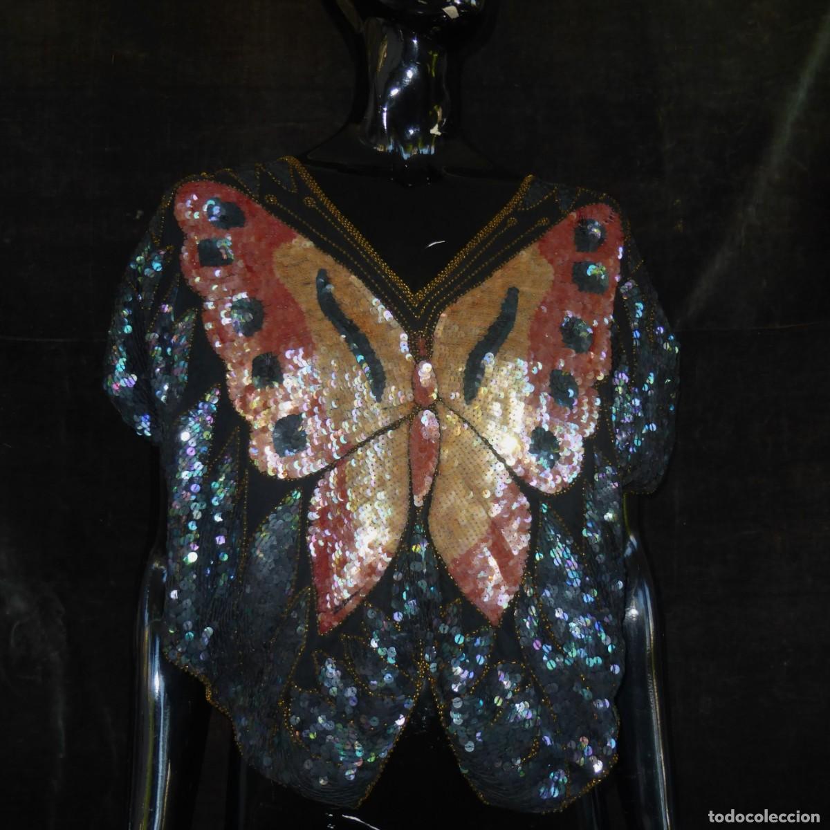 Vintage: VINTAGE CAMISA BLUSA LENTEJUELAS MARIPOSA SEDA PURA VTG BEADED SEQUIN TOP SILK BLOUSE PURE SILK