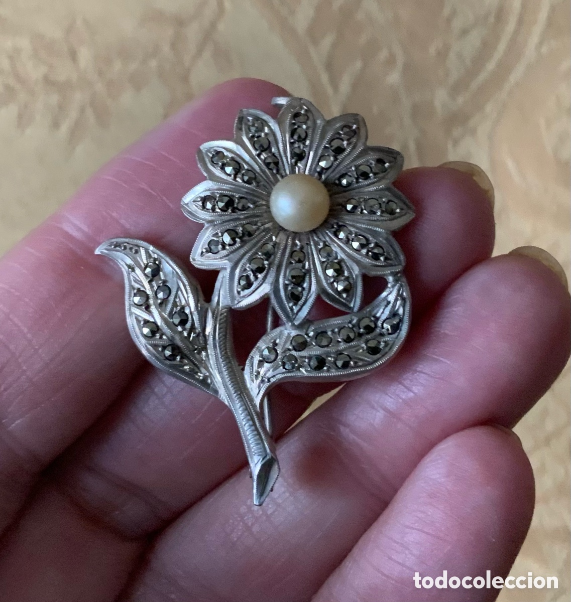 Vintage: ANTIGUO BROCHE FLOR DE PLATA CON MARQUESITAS - Foto 2