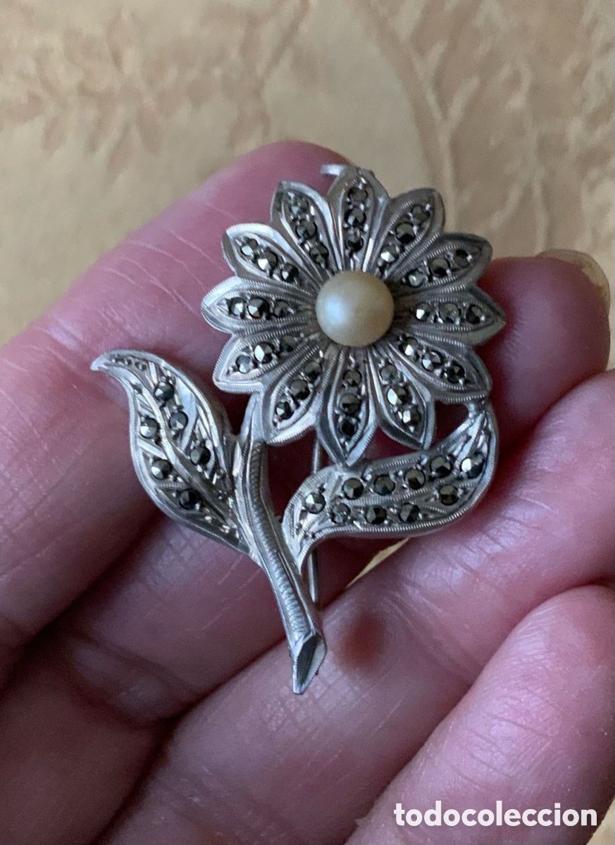 Vintage: ANTIGUO BROCHE FLOR DE PLATA CON MARQUESITAS - Foto 5