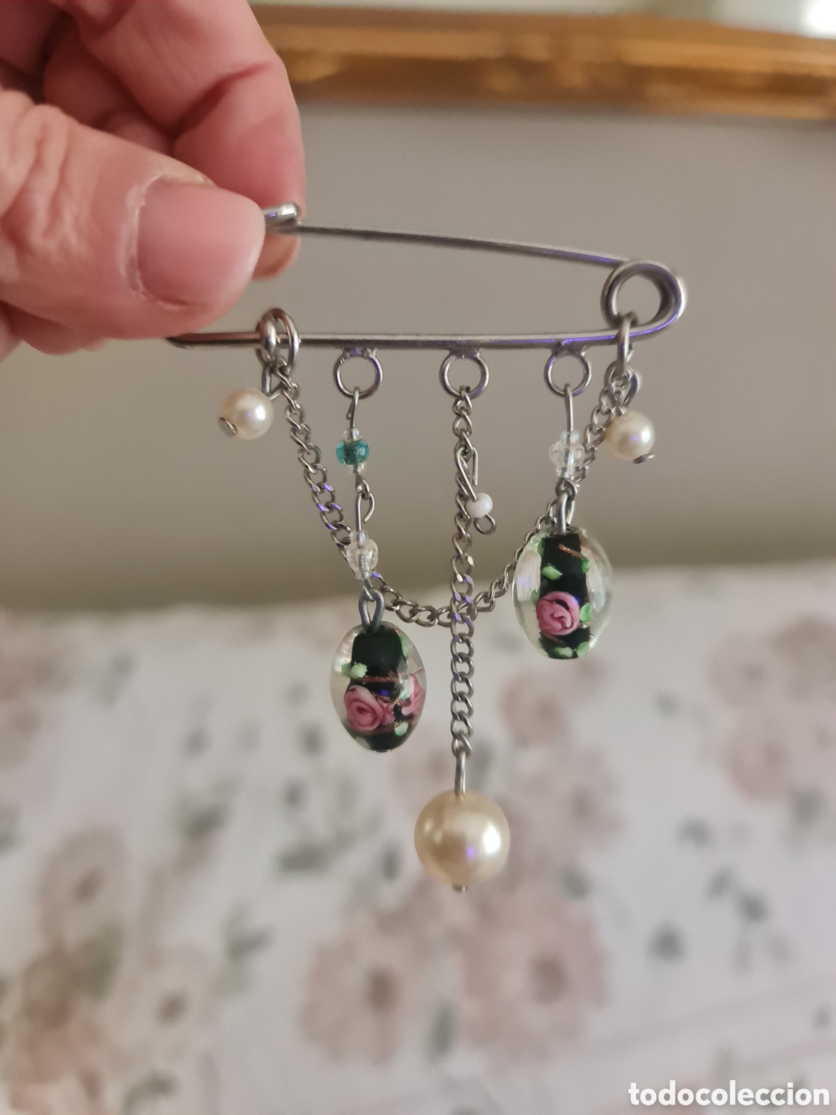 Vintage: Broche Joya Estilo Kilt Pin - Cuentas de Vidrio Lampwork y Perlas