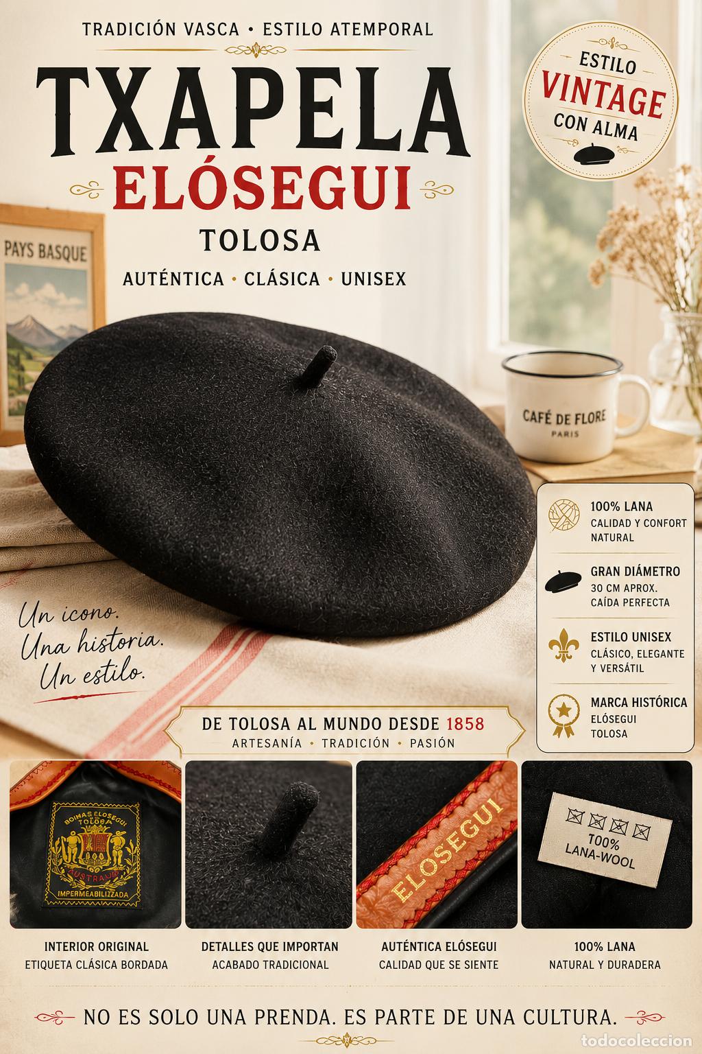 Vintage: AUT&Eacute;NTICA TXAPELA VASCA EL&Oacute;SEGUI TOLOSA / BOINA 100% LANA / TALLA 56
