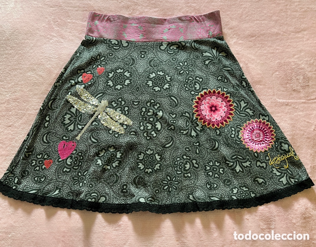 Vintage: Falda Desigual T/L negra, rosa y lib&eacute;lula plateada