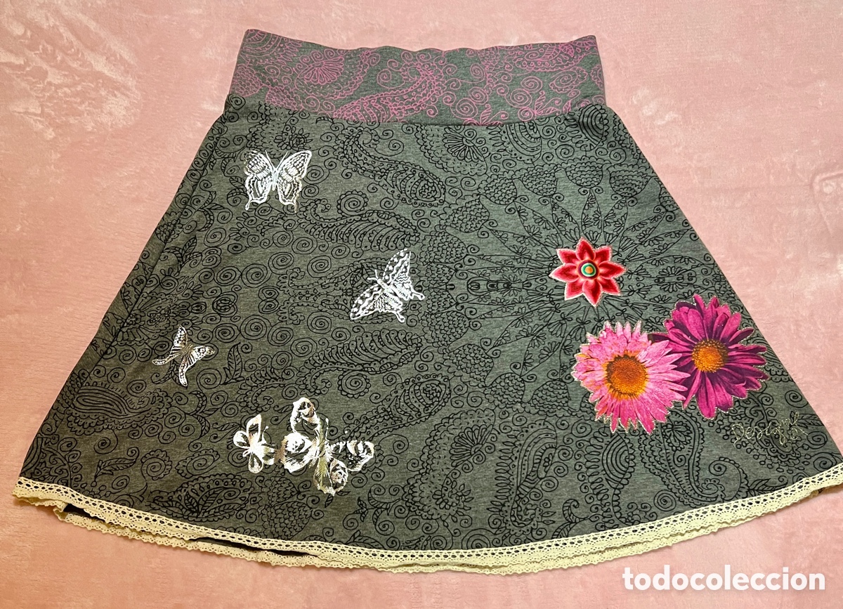 Vintage: Falda Desigual T/Xl gris y rosa con mariposas