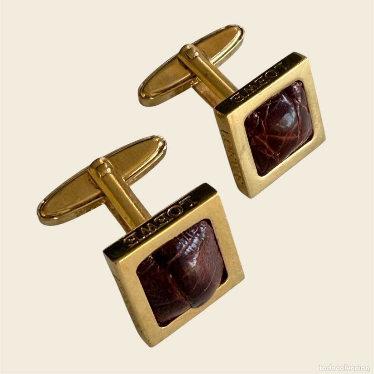 Vintage: Gemelos Vintage Loewe Dorados con Cuero Marr&oacute;n Estilo Cocodrilo a&ntilde;os 80