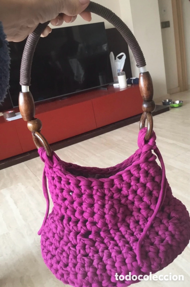 Vintage: Bolso trapillo forrado con bolsillos asas madera