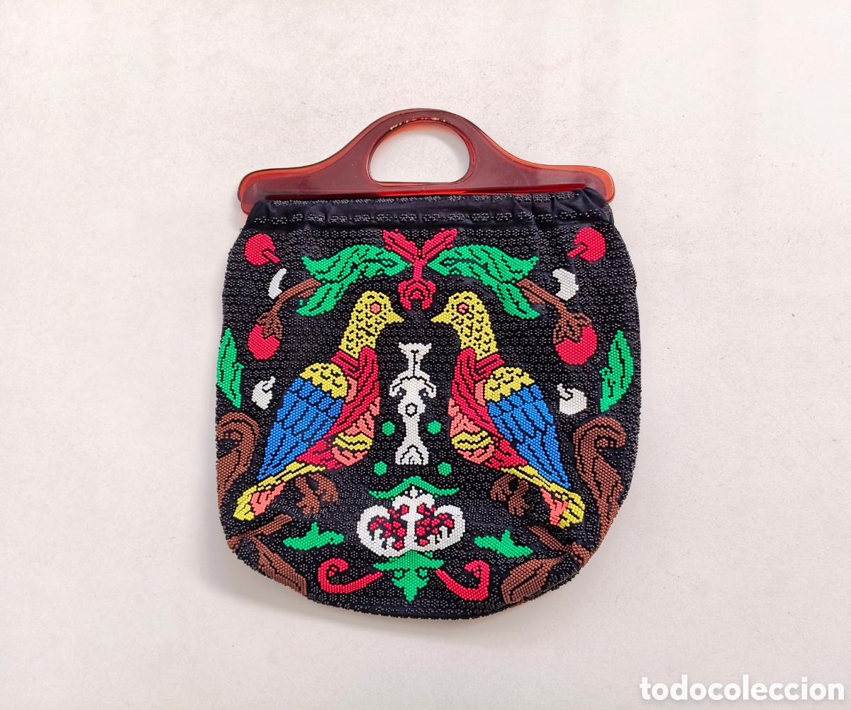 Vintage: Bolso vintage a&ntilde;os 70 hecho de cuentas, bolitas con motivos de p&aacute;jaros, palomas MOD HIPPY HIPPIE