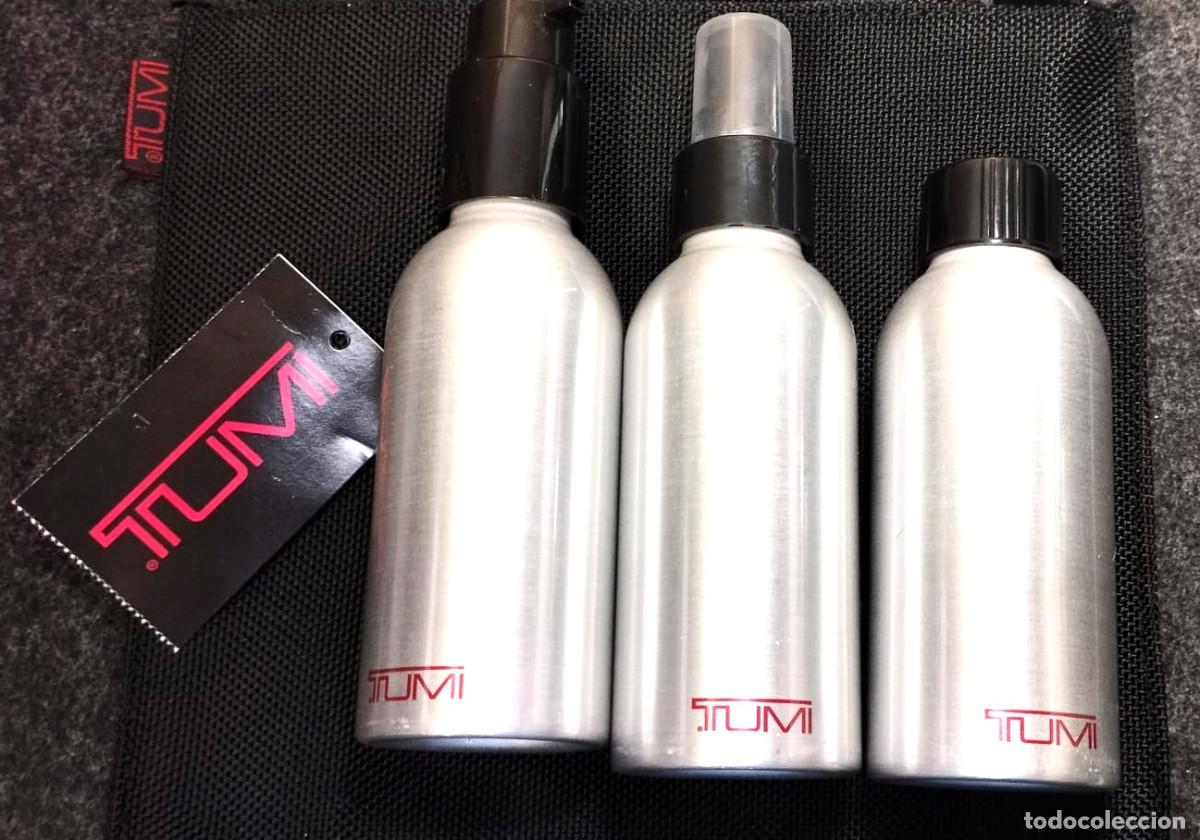 Vintage: TUMI set de viaje : Neceser + 3 botellas de viaje de aluminio, Nuevo