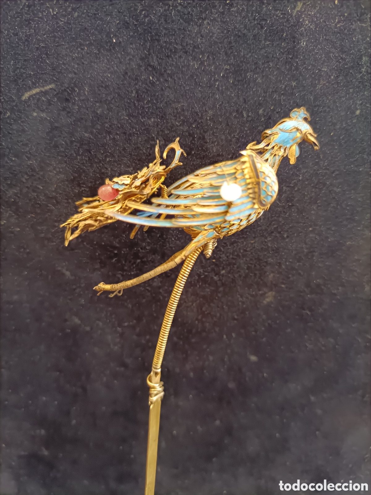 Vintage: Horquilla antigua china con forma de p&aacute;jaro, S. XIX, esmalte sobre plata.