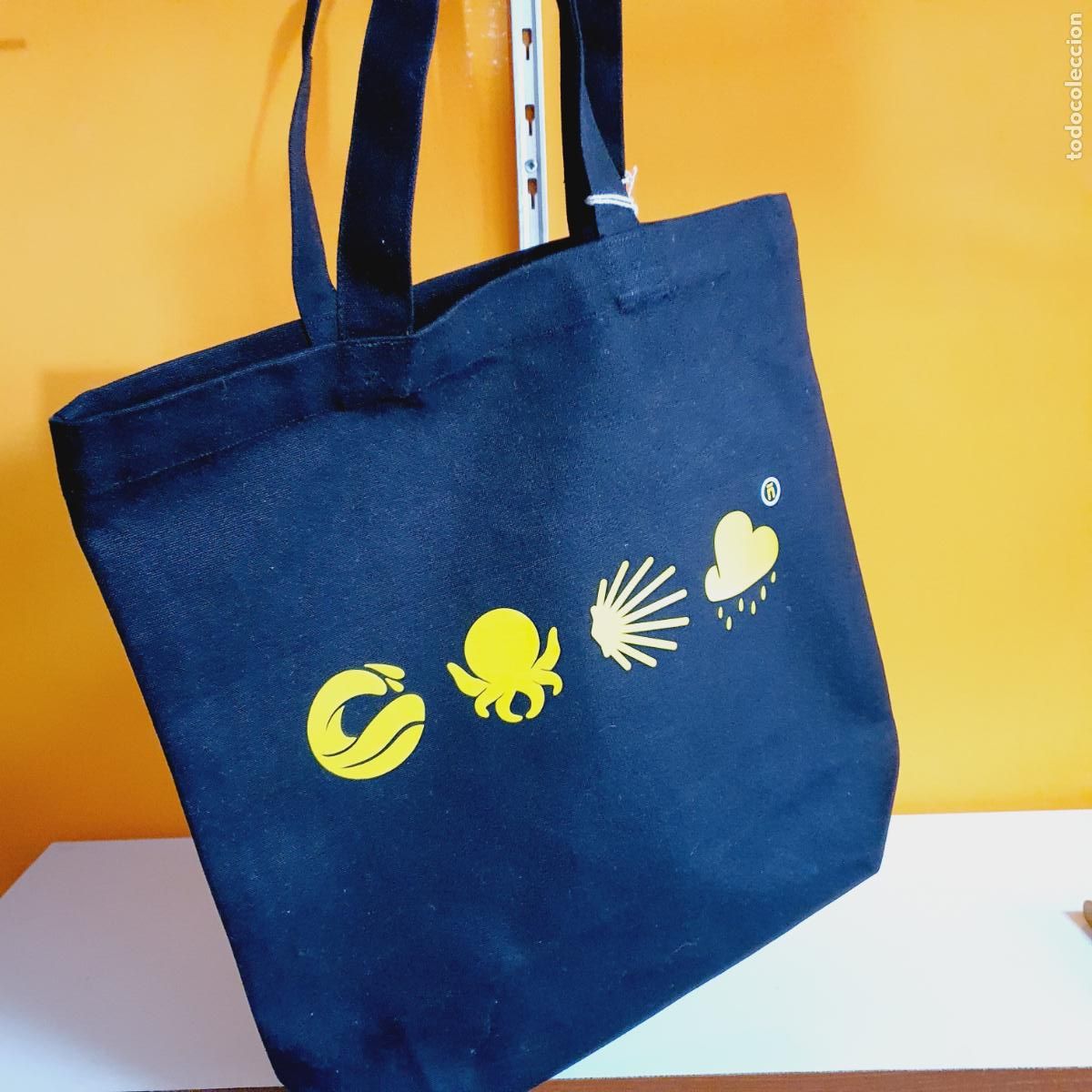 Vintage: BOLSA-ALGOD&Oacute;N ECOLOGICO-NEGRA-PRECIOSA-LOGO CORU&Ntilde;A-TALLA &Uacute;NICA-OLA,PULPO,CAMINO SANTIAGO Y LLUVIA