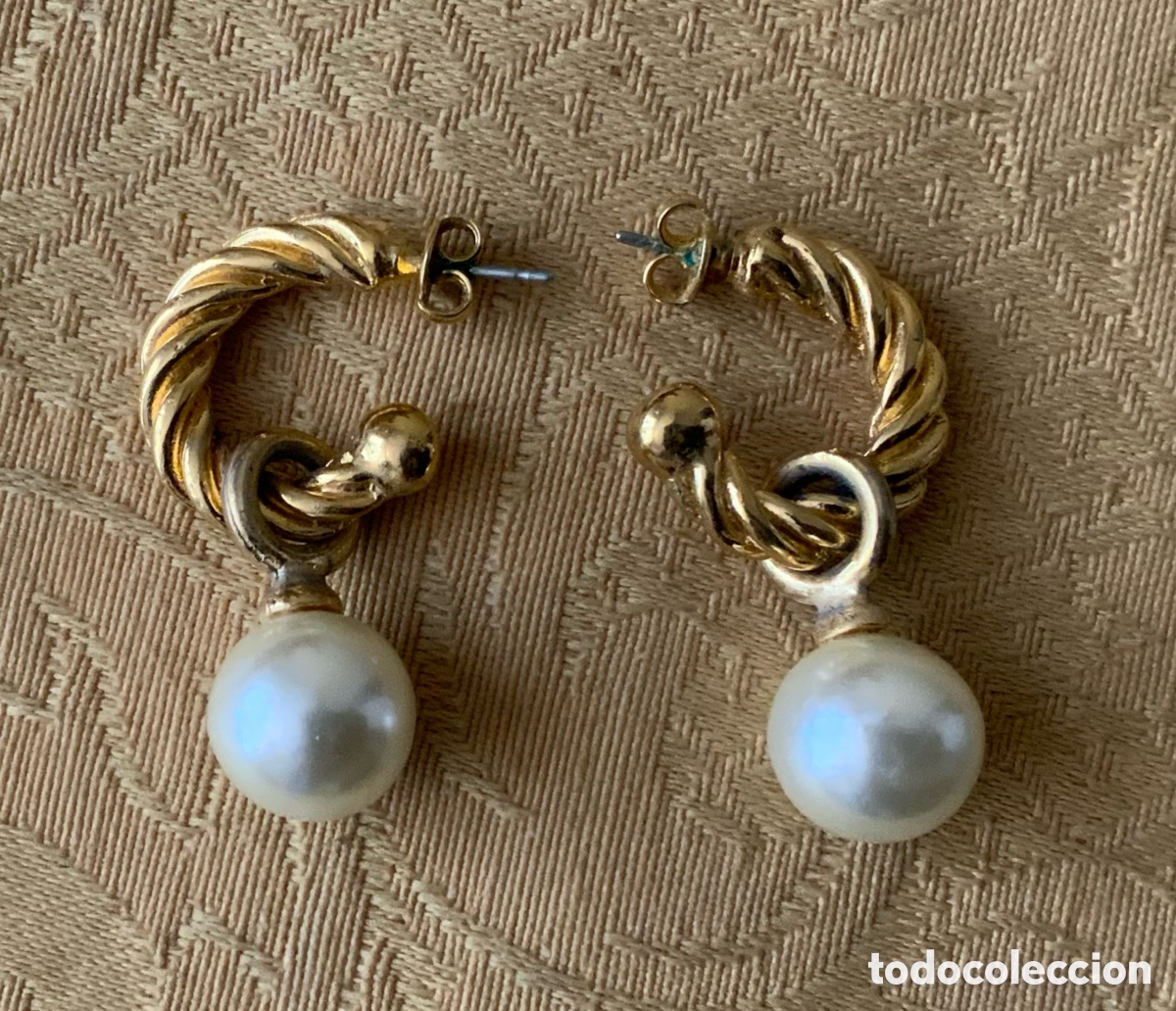 Vintage: PENDIENTES A&Ntilde;O 80 ARO CON PERLA COLGANDO