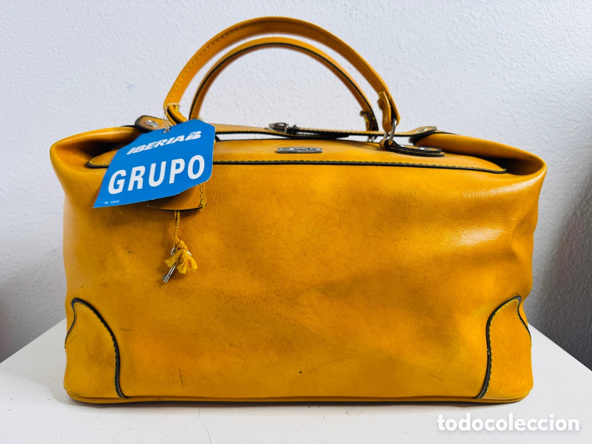 Vintage: Saeta Bolsa Viaje Piel Grupo Iberia A&ntilde;os 70 Mostaza 40 x 25 x 20 cm