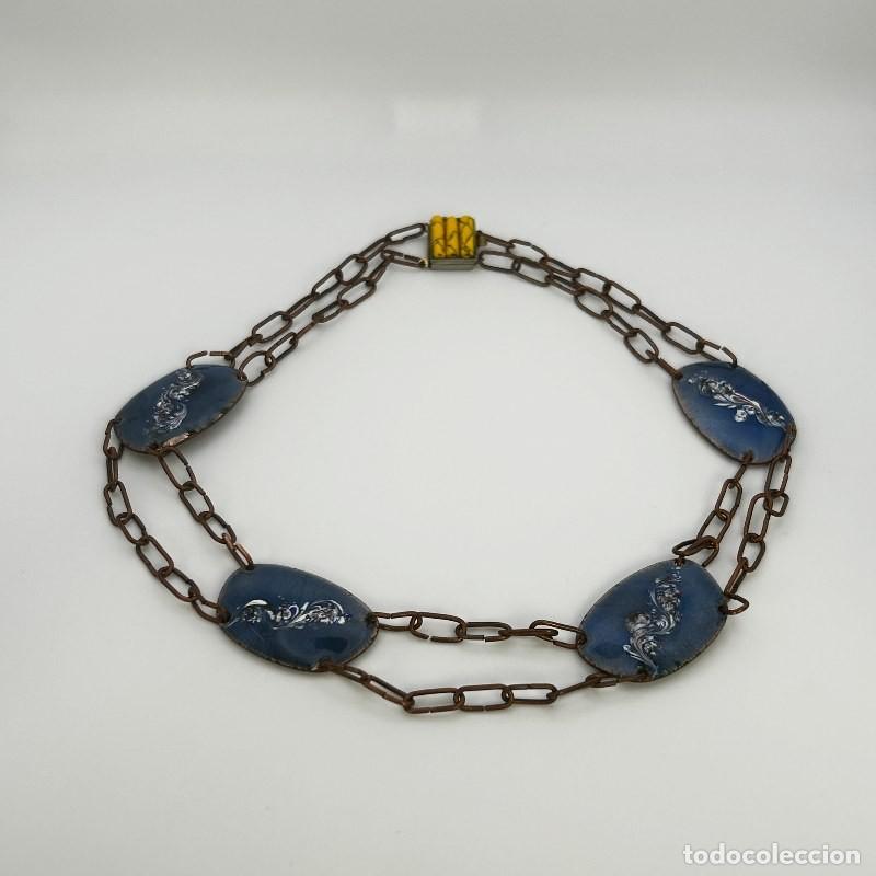 Vintage: Collar vintage esmalte vitrificado azul y cobre &ndash; medallones florales pintados a mano, a&ntilde;os 40-50