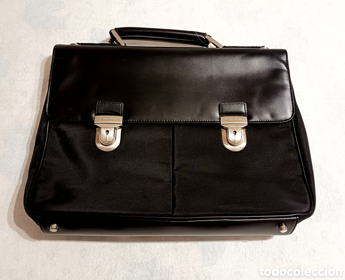 Vintage: Hugo Boss malet&iacute;n portafolio estilo Oxford, piel y lona negro, nuevo