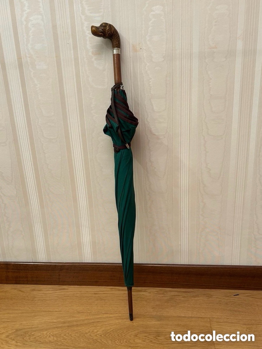 Vintage: Paraguas LOEWE original mango madera tallado cabeza perro verde