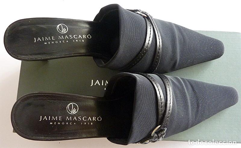 Vintage: ZAPATOS DE MUJER ABIERTOS POR DETR&Aacute;S (MULES)-LICRA NEGRO -HEBILLA Y CORREAS- JAIME MASCAR&Oacute;- TALLA 36