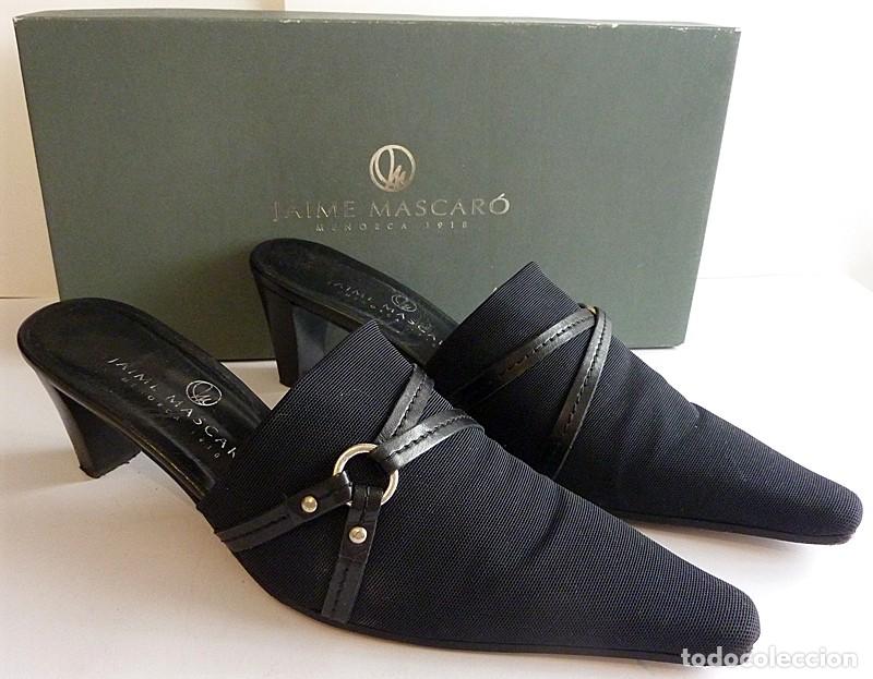 Vintage: ZAPATOS DE MUJER ABIERTOS POR DETR&Aacute;S (MULES)-LICRA NEGRO -HEBILLA Y CORREAS- JAIME MASCAR&Oacute;- TALLA 37