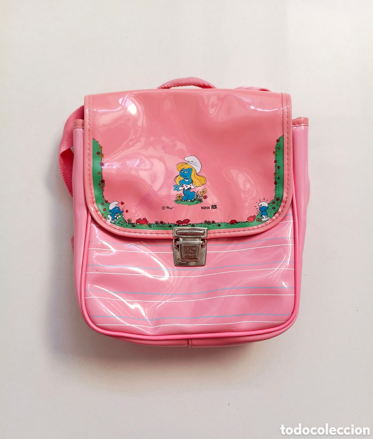 Vintage: Antigua mochila escolar rosa Los Pitufos Pitufina a&ntilde;os 80 vintage Roise Peyo comic dibujos animados