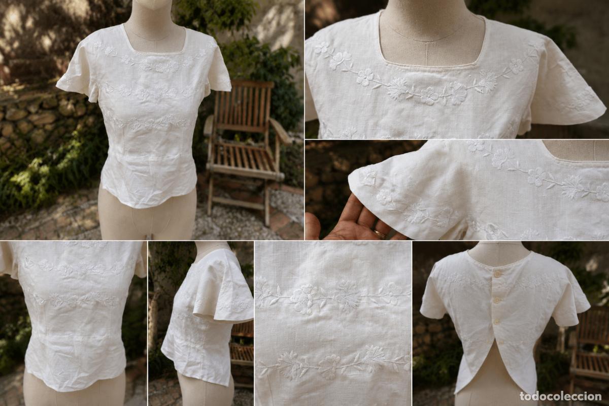 Vintage: Blusa antigua de lino bordado a mano &ndash; Bordados florales &ndash; A&ntilde;os 40-50